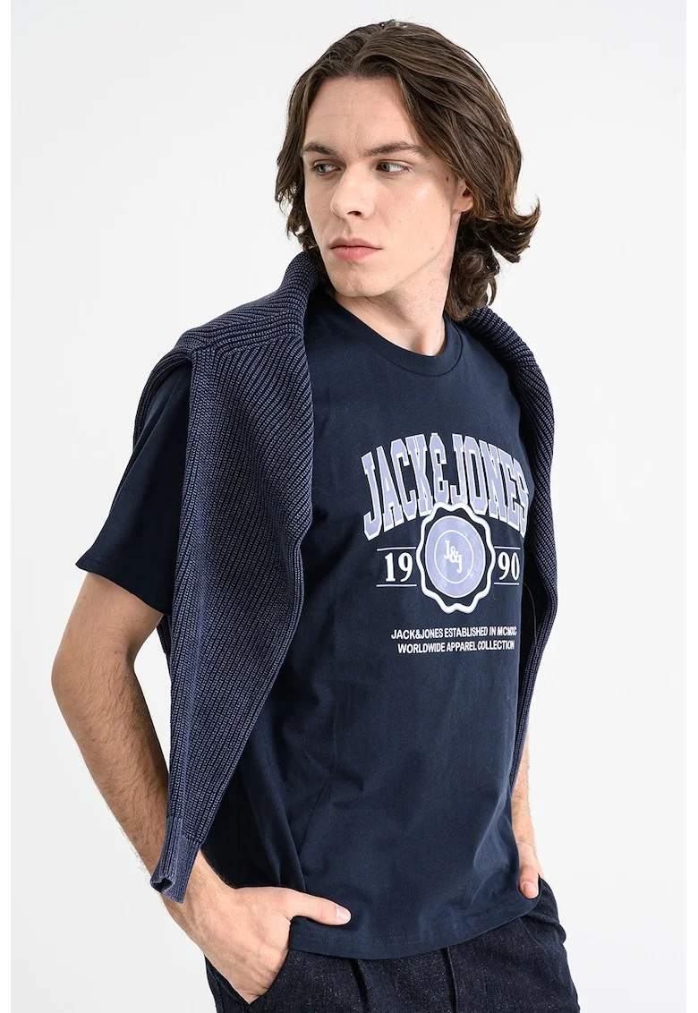 Tricou regular fit cu imprimeu logo contrastant Mako, Alb/Bleumarin