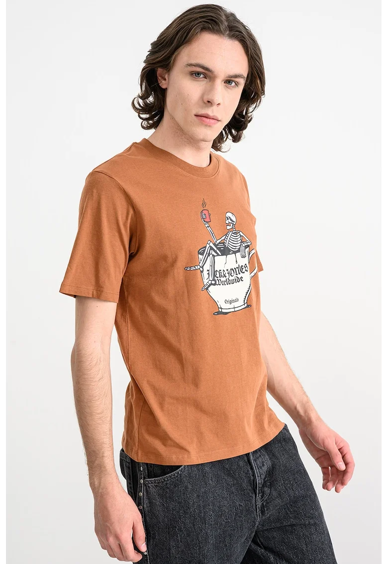 Tricou de bumbac organic cu model cu craniu Holiday, Alb/Negru/Maro scortisoara
