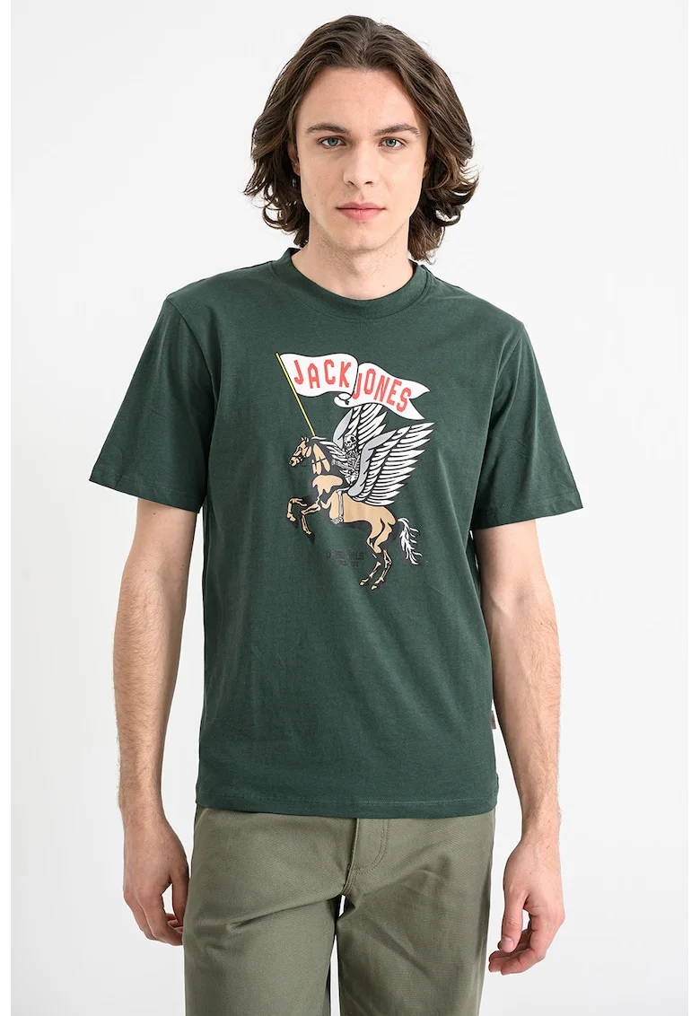 Tricou de bumbac organic cu model cu craniu Holiday, Alb/Verde/Maro