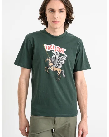 Tricou de bumbac organic cu model cu craniu Holiday, Alb/Verde/Maro