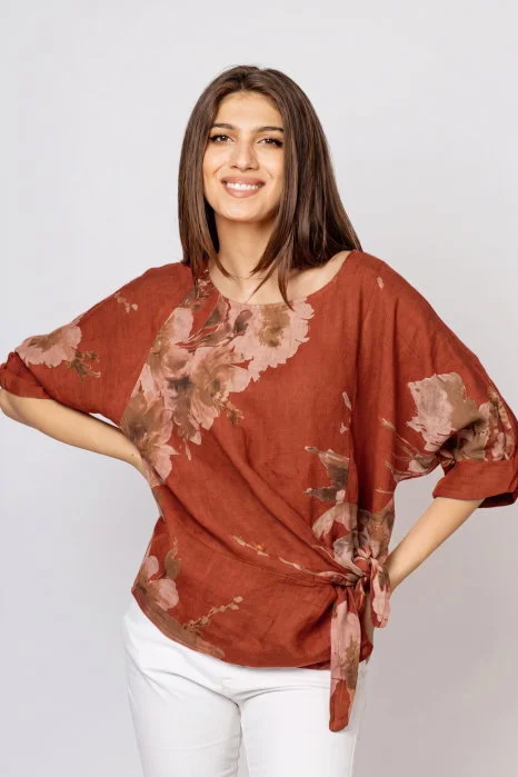 Bluza din in cu imprimeu floral watercolor si prindere laterala - Copie