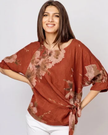 Bluza din in cu imprimeu floral watercolor si prindere laterala - Copie