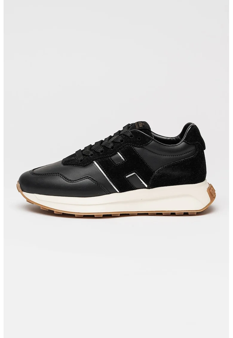 Pantofi sport low-cut de piele cu garnituri de piele intoarsa, Negru