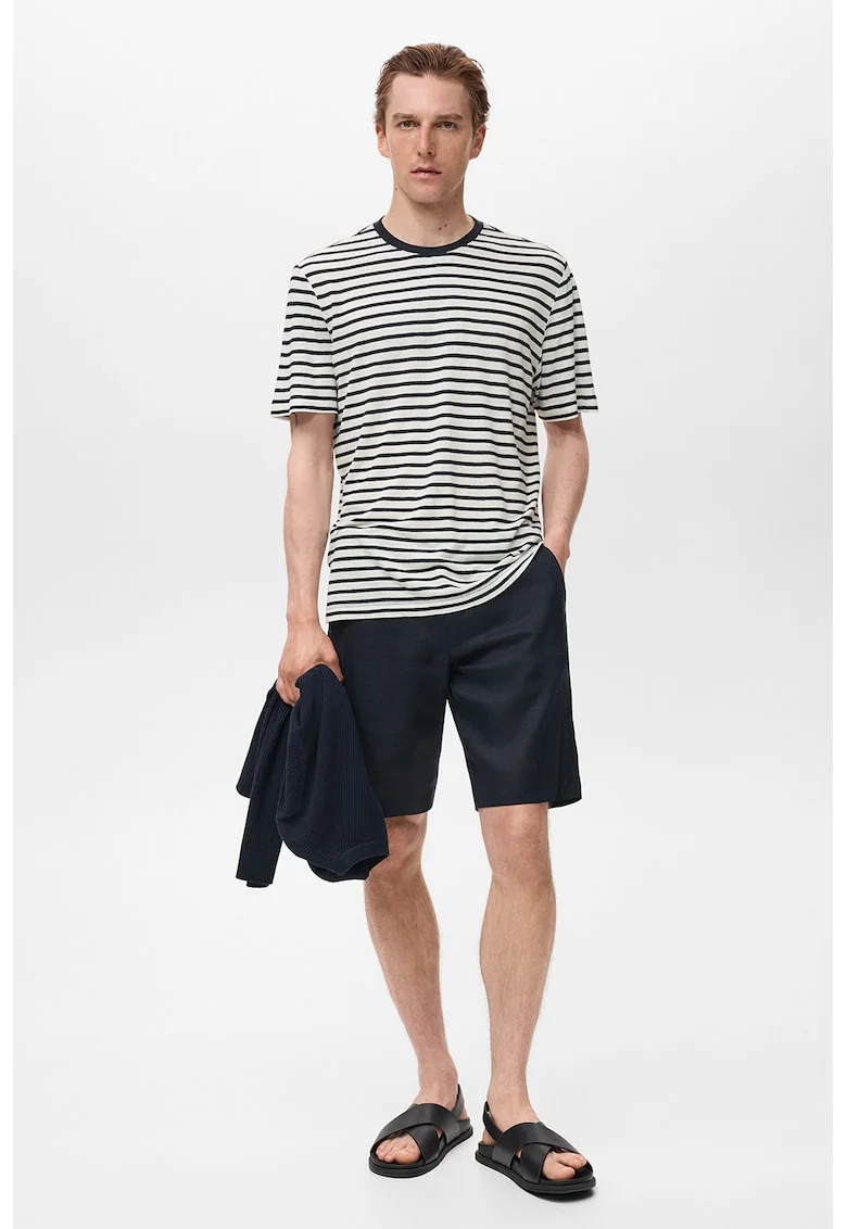 Tricou cu decolteu la baza gatului si model in dungi, Albastru ultramarin/Gri melange