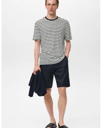 Tricou cu decolteu la baza gatului si model in dungi, Albastru ultramarin/Gri melange