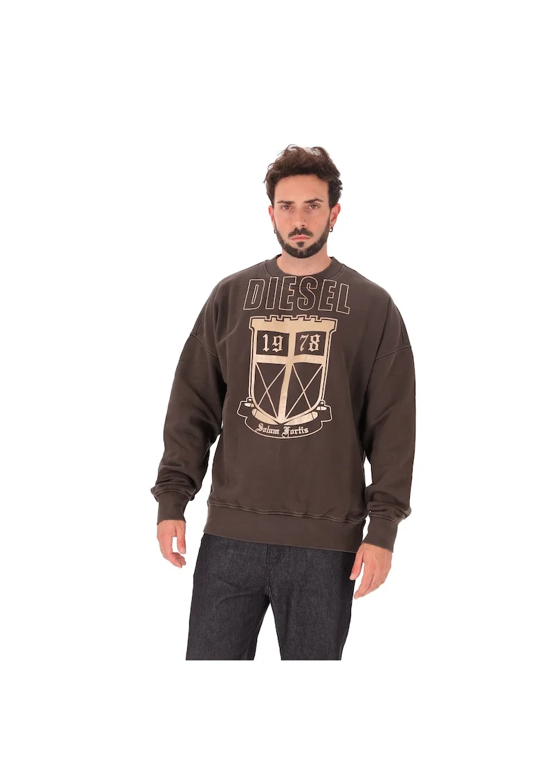 Bluza de trening cu imprimeu logo si maneci cazute, Gri inchis