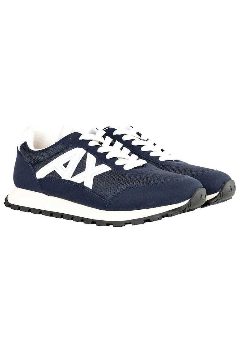 Pantofi sport din material sintetic cu garnituri de plasa si logo, Alb/Albastru inchis