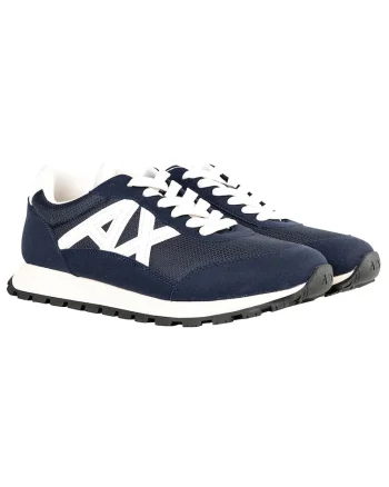 Pantofi sport din material sintetic cu garnituri de plasa si logo, Alb/Albastru inchis