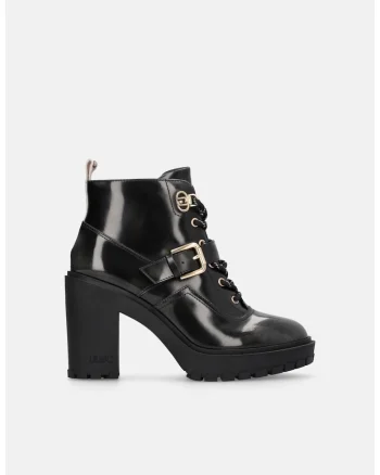 Botine de piele si piele ecologica cu toc masiv, Negru