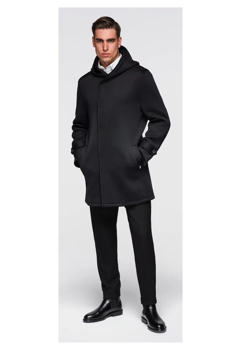 Palton minimalist de lungime medie cu gluga  OM-COLC-0144, Negru