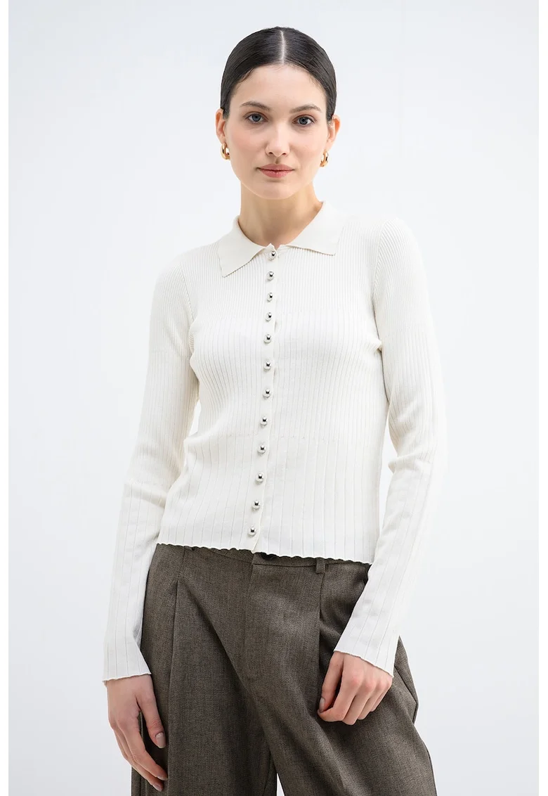 Cardigan cu maneci lungi si nasturi, Alb fildes