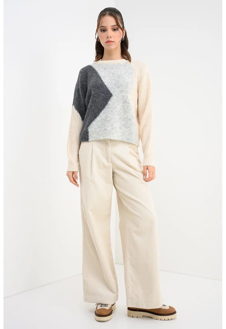 Pulover din amestec de lana cu design colorblock Keisa, Alb fildes/Gri