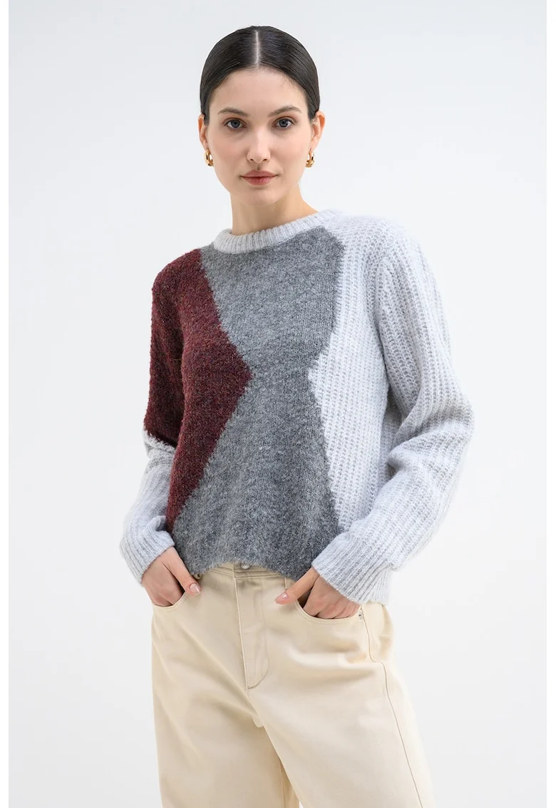 Pulover din amestec de lana cu design colorblock Keisa, Violet tyrian/Gri deschis melange