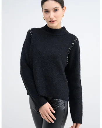 Pulover cu guler scurt si aplicatii cu strasuri, Negru/Argintiu