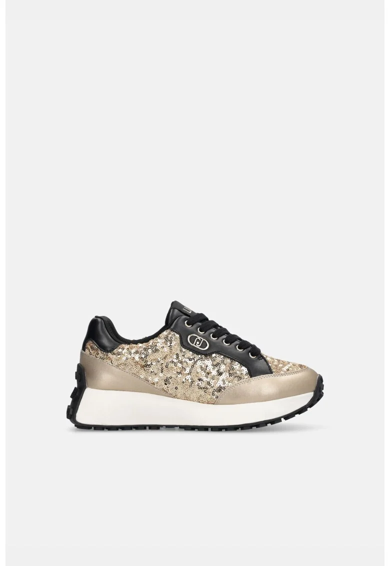 Pantofi sport de piele si piele ecologica cu paiete, Auriu/Negru