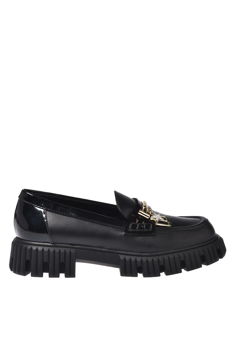 Pantofi loafer din piele cu accesoriu monograma metalica, Negru