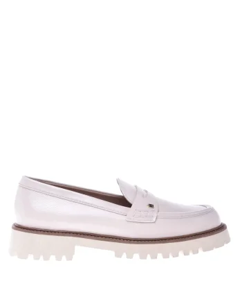 Pantofi loafer din piele cu monograma metalica discreta, Alb fildes