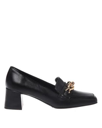 Pantofi loafer din piele cu detaliu din lant si toc, Negru