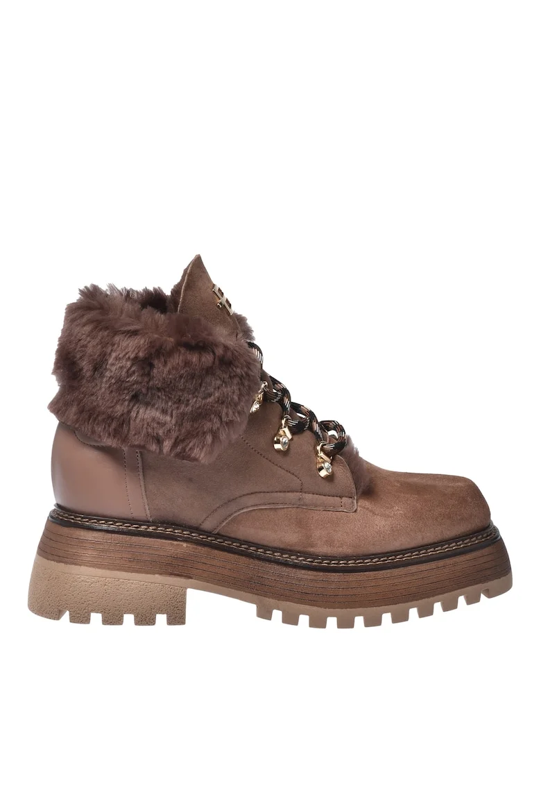 Botine din piele si piele intoarsa cu captuseala din blana sintetica, Maro taupe