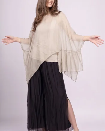 Bluza asimetrica din matase naturala si vascoza tip poncho, bej