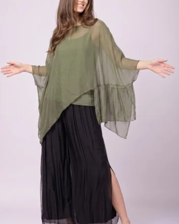 Bluza asimetrica din matase naturala si vascoza tip poncho, kaki