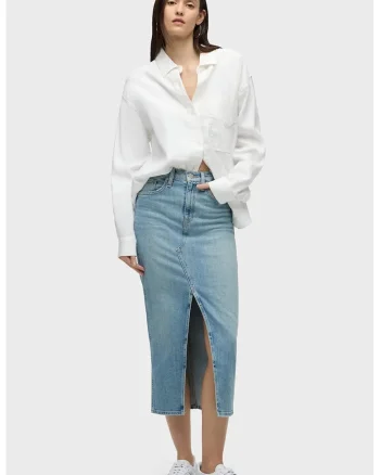 Fusta midi, din denim cu decupaj frontal, Albastru