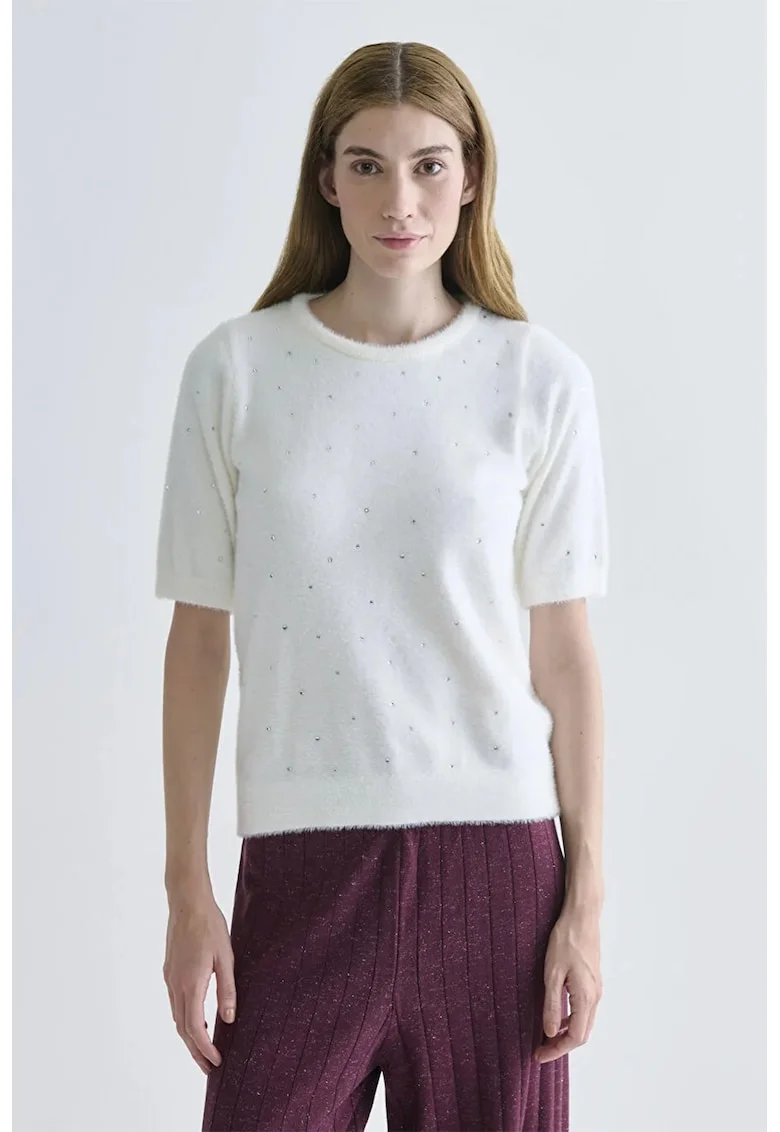Bluza de trening cu maneci scurte si strasuri, Alb fildes