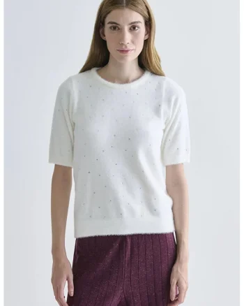 Bluza de trening cu maneci scurte si strasuri, Alb fildes