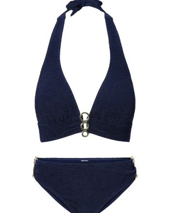 Costum de baie cu doua piese si elemente circulare metalice, Albastru