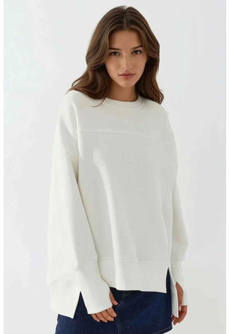 Hanorac fara gluga  supradimensionat, guler rotund, textil, alb