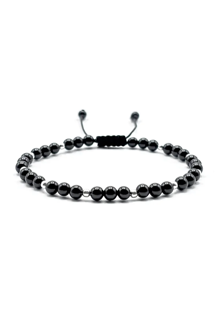 Bratara cu bile din Argint 925 si pietre semipretioase naturale, snur reglabil, Negru Glossy