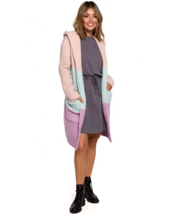 Cardigan cu gluga, Acril/Poliester/Lana, Bej/Mov/Albastru