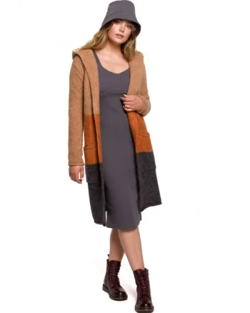 Cardigan cu gluga, Acril/Poliester/Lana, Negru/Portocaliu/Bej