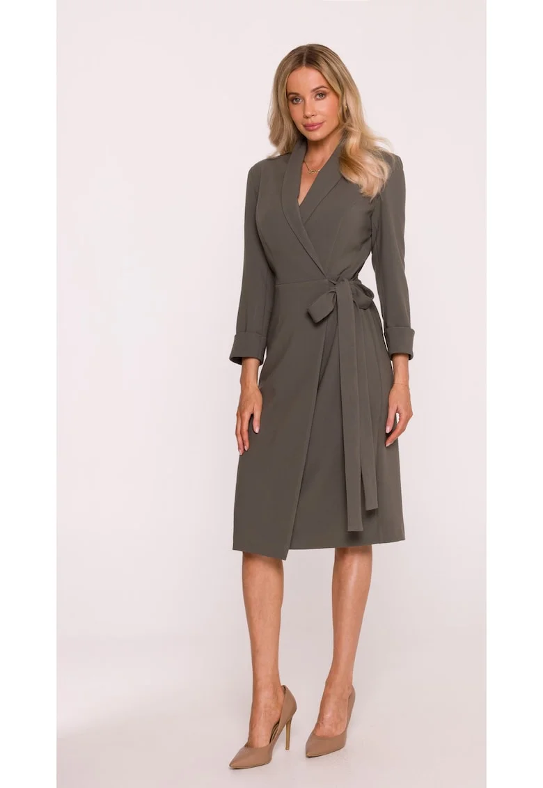 Rochie Midi, S415 Kaki Decolteu in V, Guler Sal, Maneci 7/8, Legatura in talie, Material neted cu finisaj moale, Partial captusita, Stil infasurat, Kaki