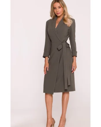 Rochie Midi, S415 Kaki Decolteu in V, Guler Sal, Maneci 7/8, Legatura in talie, Material neted cu finisaj moale, Partial captusita, Stil infasurat, Kaki