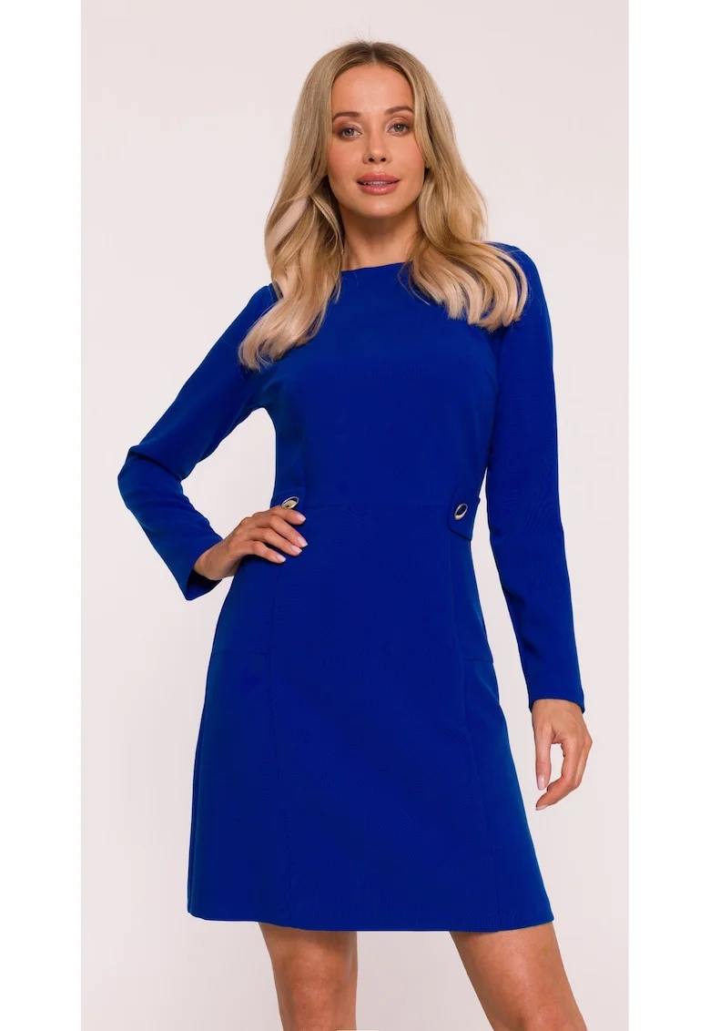 Rochie mini S419 albastru maneci lungi, decolteu rotund, nasturi decorativi, material neted cu finisaj moale, inchidere cu fermoar la spate, Albastru