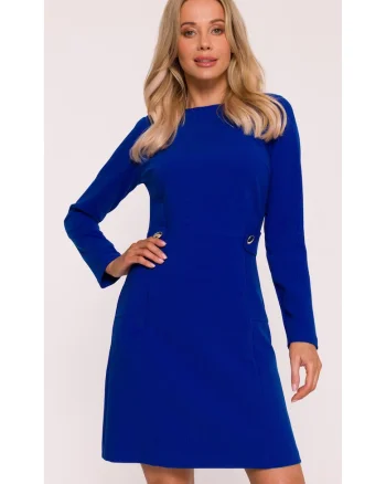 Rochie mini S419 albastru maneci lungi, decolteu rotund, nasturi decorativi, material neted cu finisaj moale, inchidere cu fermoar la spate, Albastru