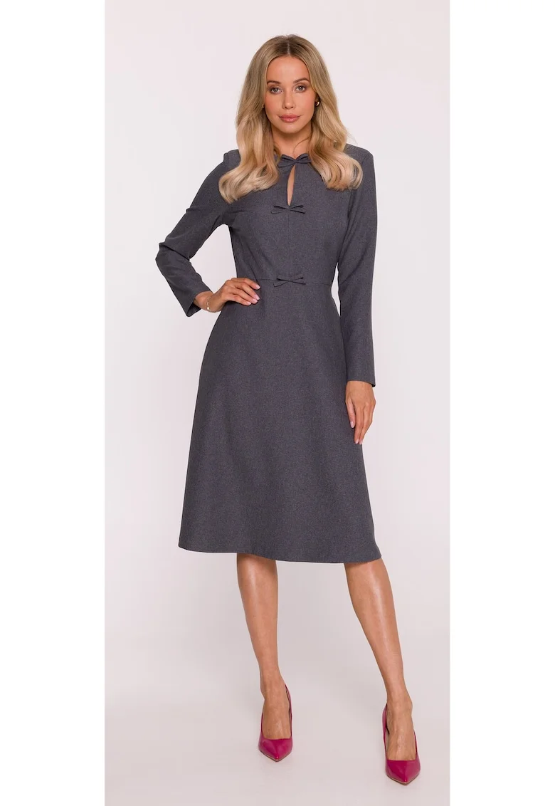 Rochie midi, S413 Gri decolteu semicircular, maneci lungi, crapaturi laterale, fonduri decorative, Poliester, Trapezoidala, Gri