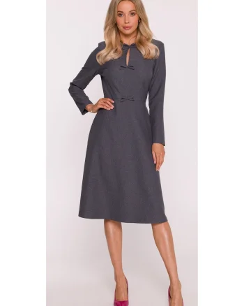 Rochie midi, S413 Gri decolteu semicircular, maneci lungi, crapaturi laterale, fonduri decorative, Poliester, Trapezoidala, Gri