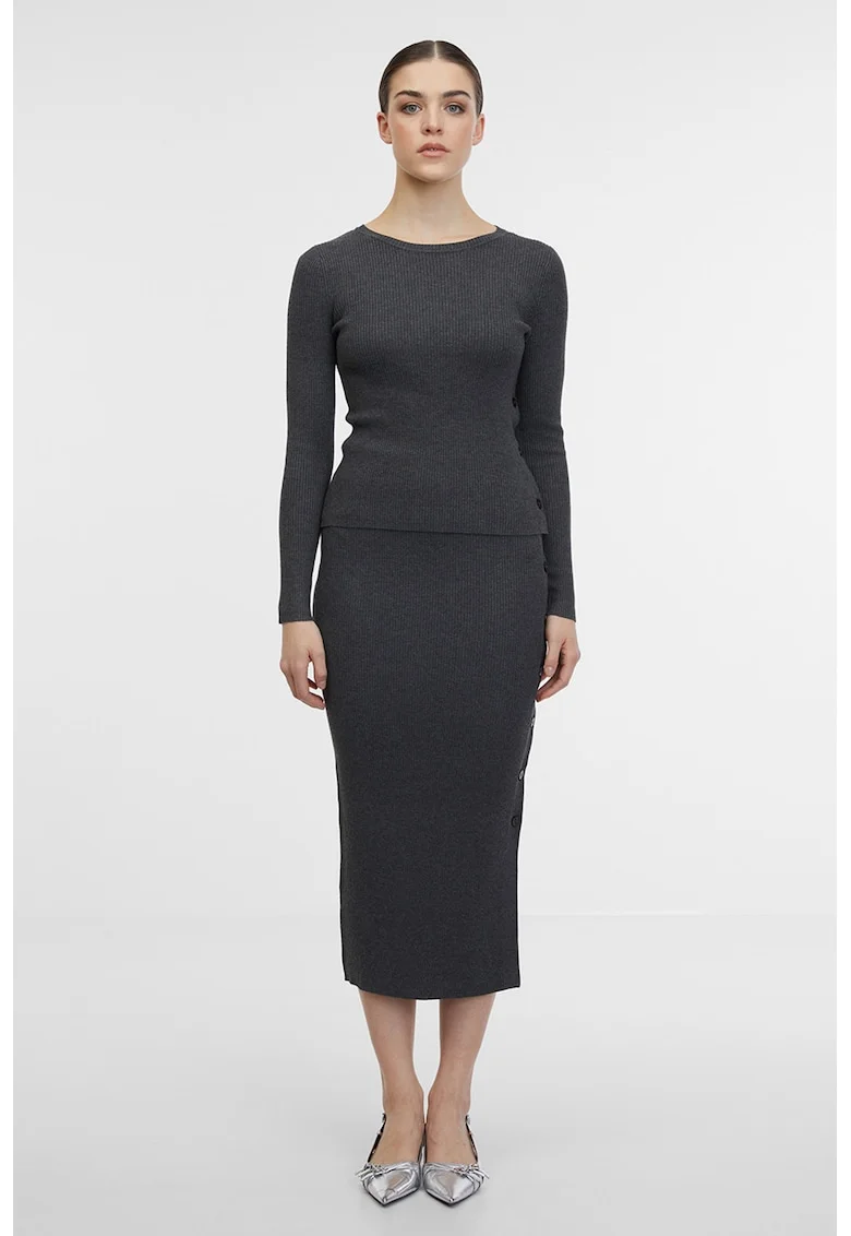 Fusta midi din tricot cu slit lateral cu nasturi, Gri inchis melange