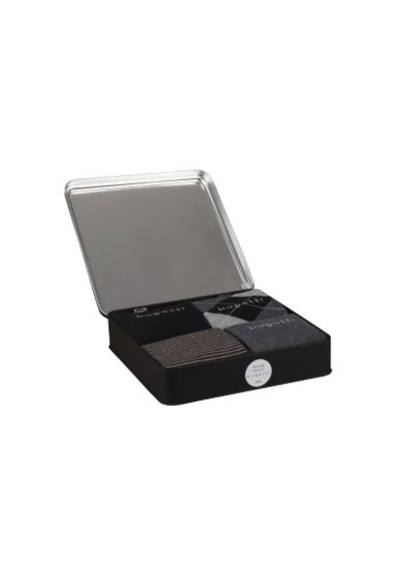 Set 4 perechi de sosete pentru barbati,  lungi, 61111X, cutie cadou metalica, negre, Negru | gri