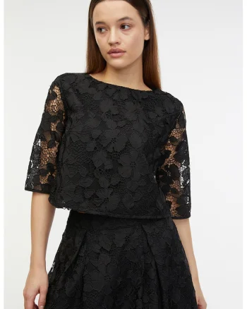 Bluza din dantela cu maneci medi, Negru