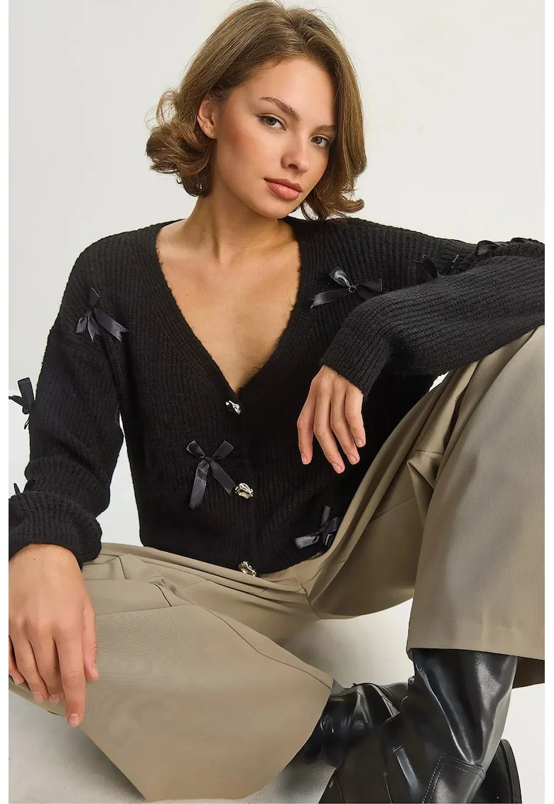 Pulover dama,  cardigan supradimensionat, detalii tip funda, negru, tricot,