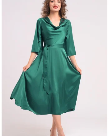 Rochie din satin cu decolteu drapat, Verde