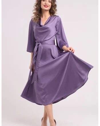Rochie din satin cu decolteu drapat, Violet prafuit