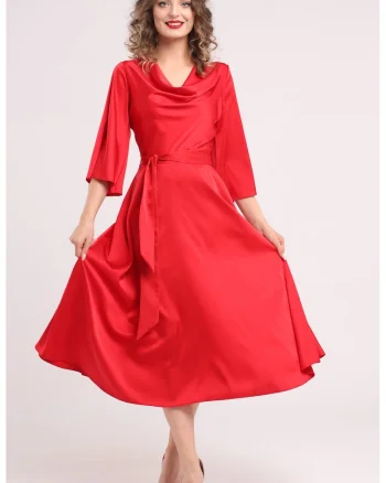 Rochie din satin cu decolteu drapat, Rosu