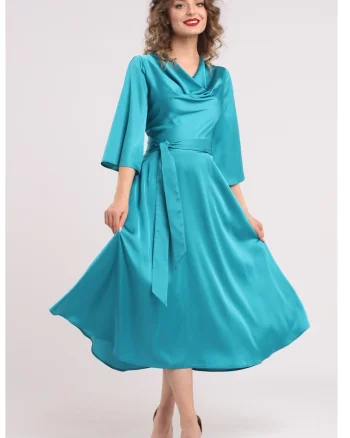 Rochie din satin cu decolteu drapat, Turcoaz