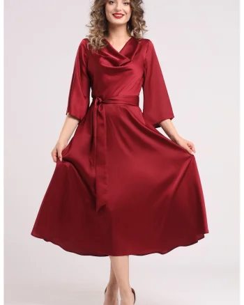 Rochie din satin cu decolteu drapat, Visiniu