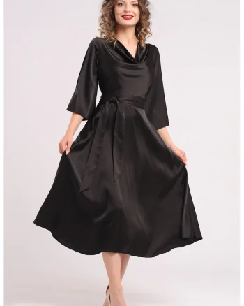 Rochie din satin cu decolteu drapat, Negru