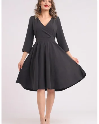 Rochie midi cu croiala in A si buzunare, Gri antracit